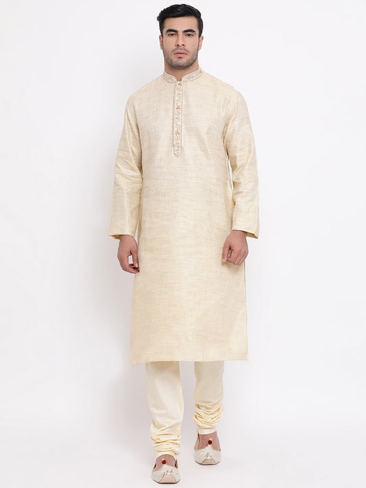 Full Sleeve Embroidered Kurta and Churidar Set in Beige Cotton Blend