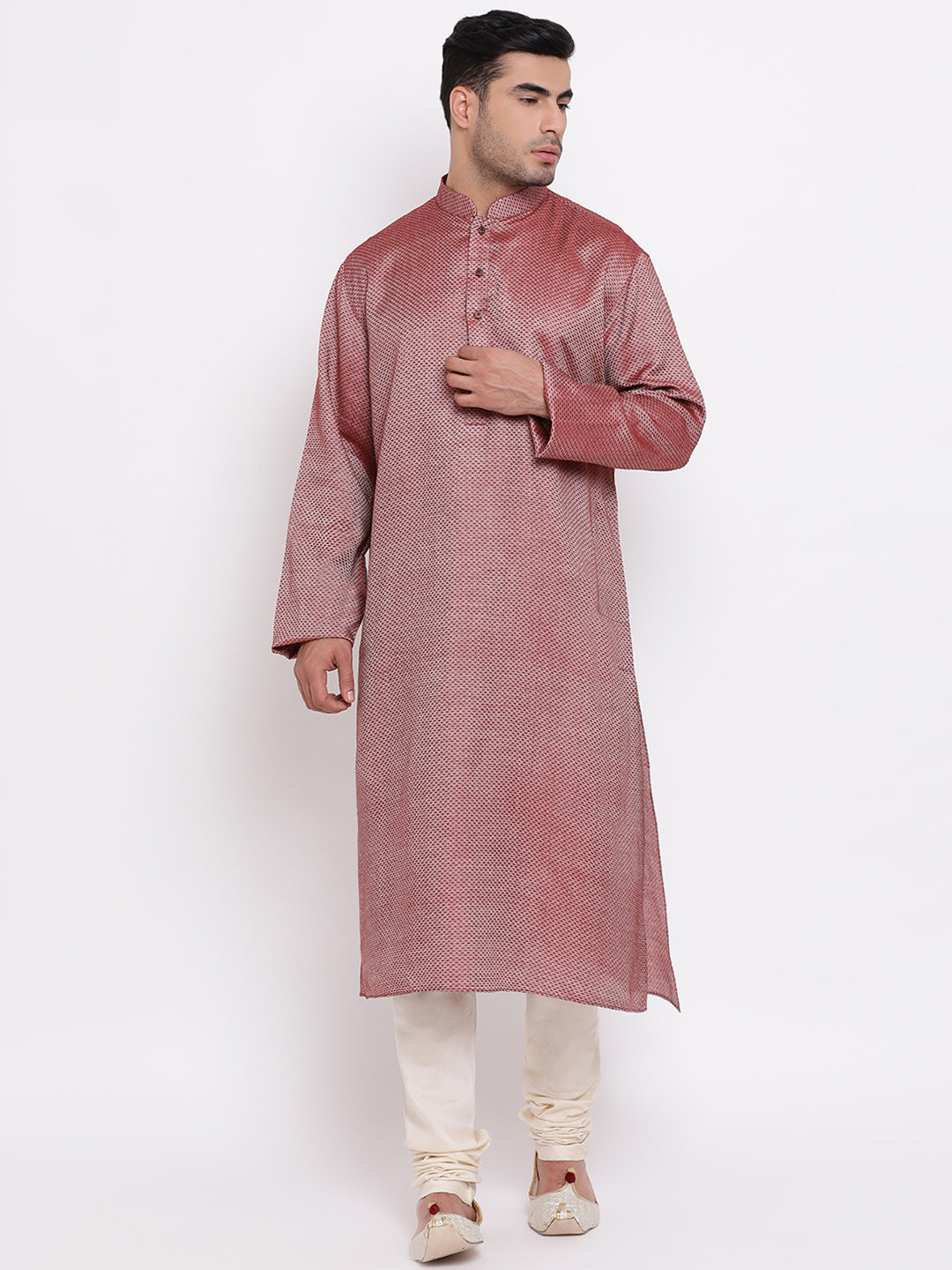 Full Sleeve Solid Kurta and Churidar Set in Maroon Cotton Blend