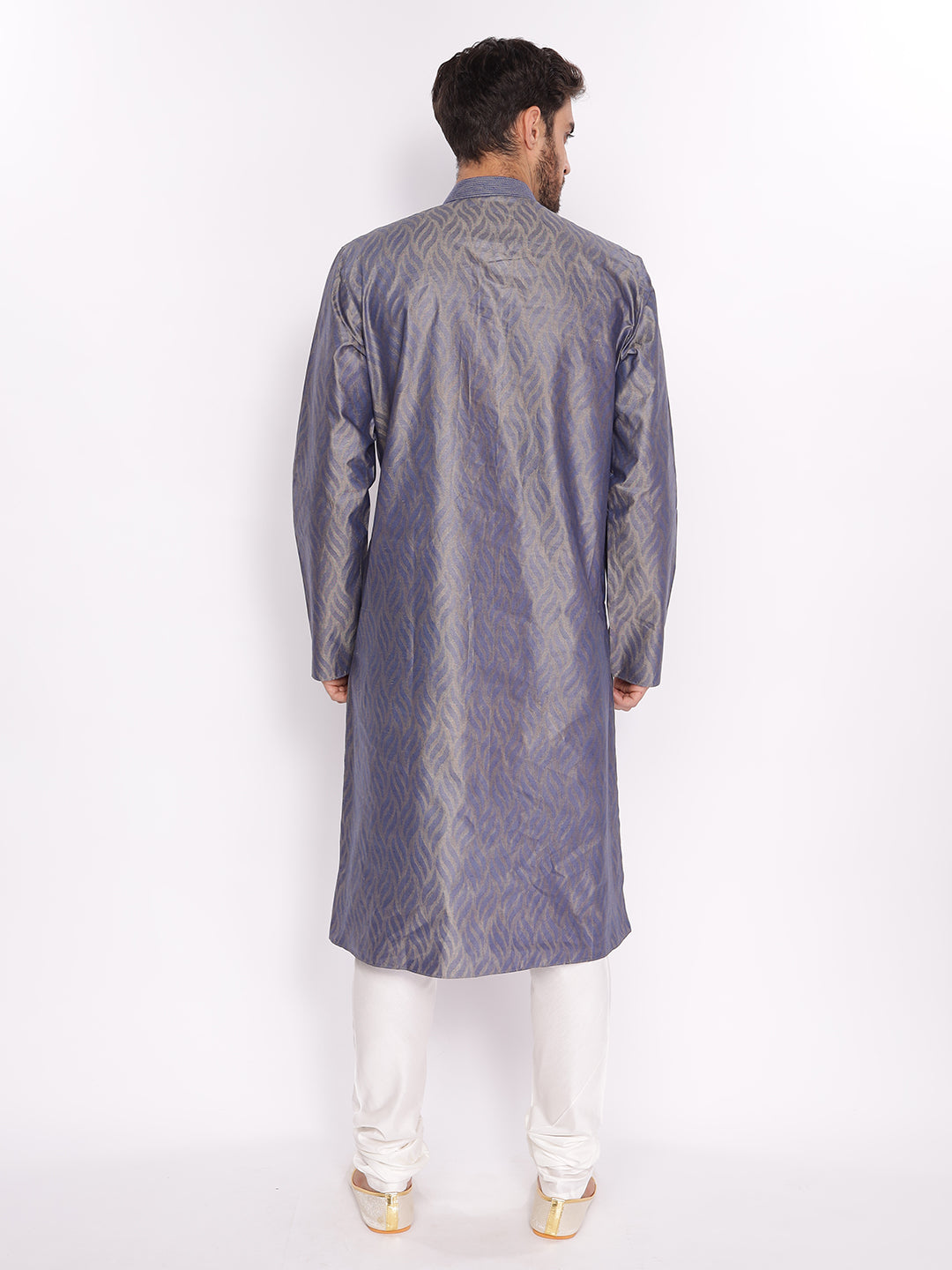 Full Sleeve Self Design Kurta and Pyjama Set in Blue Pure Cotton
