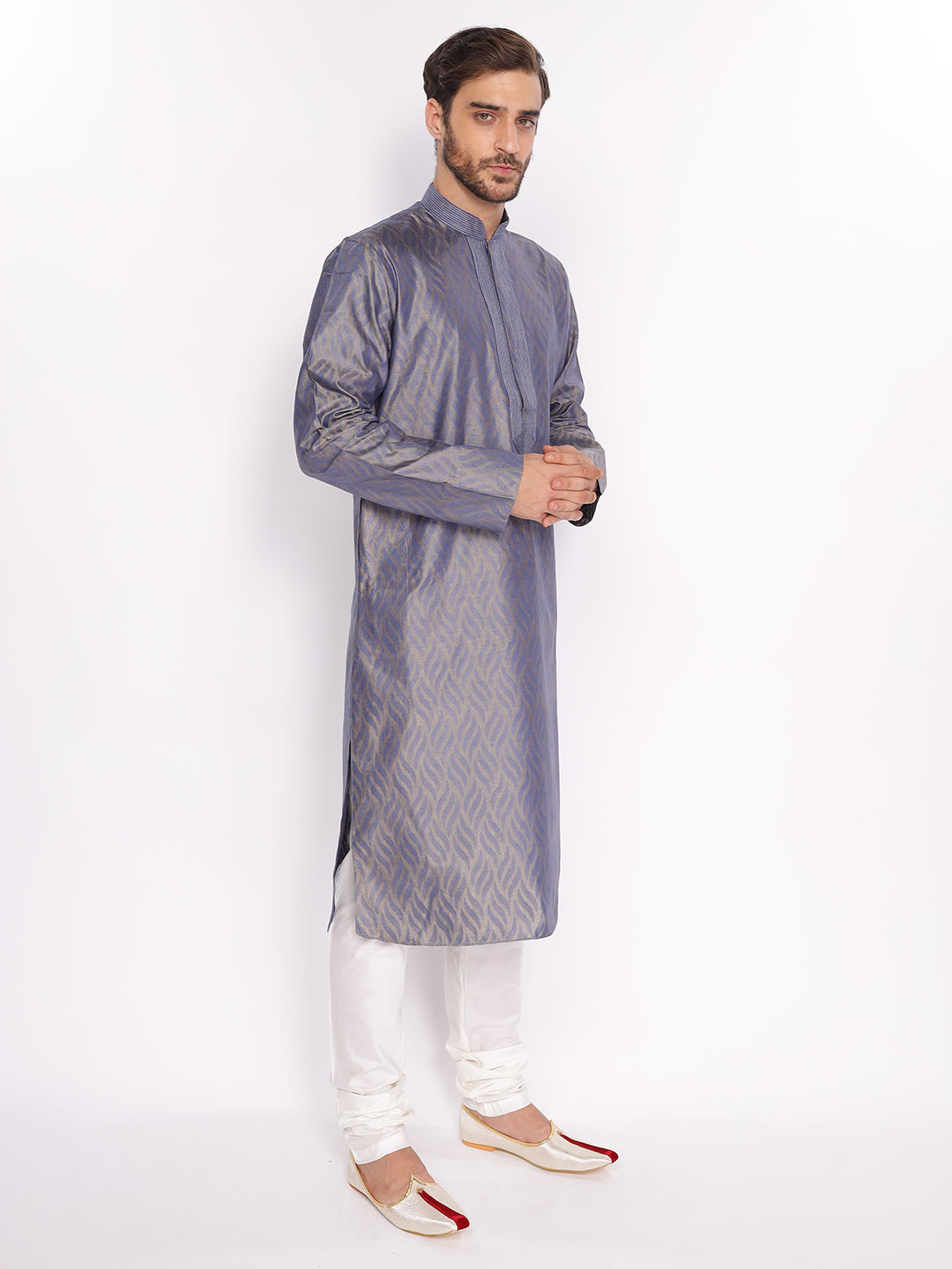 Full Sleeve Self Design Kurta and Pyjama Set in Blue Pure Cotton