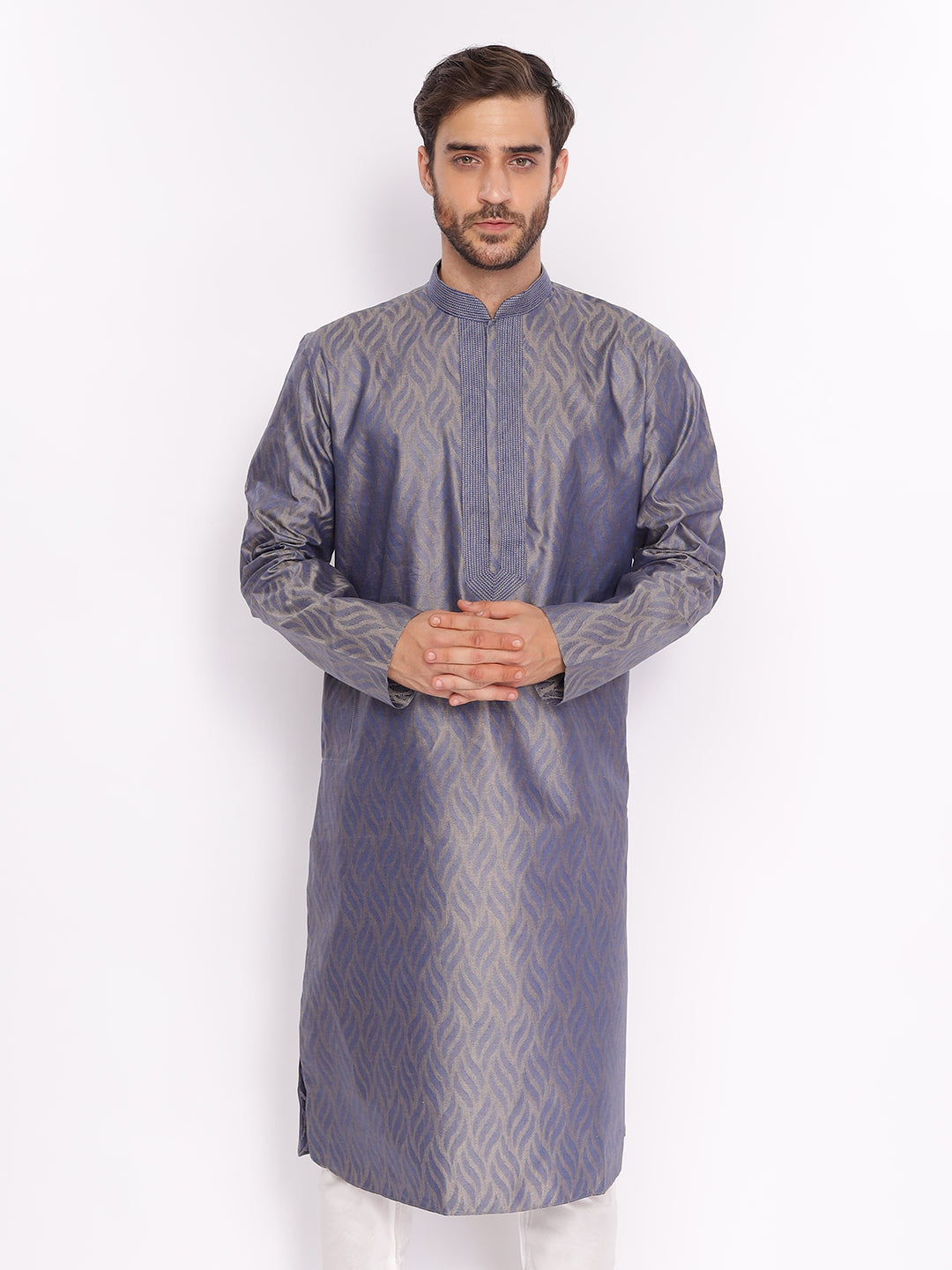 Full Sleeve Self Design Kurta and Pyjama Set in Blue Pure Cotton