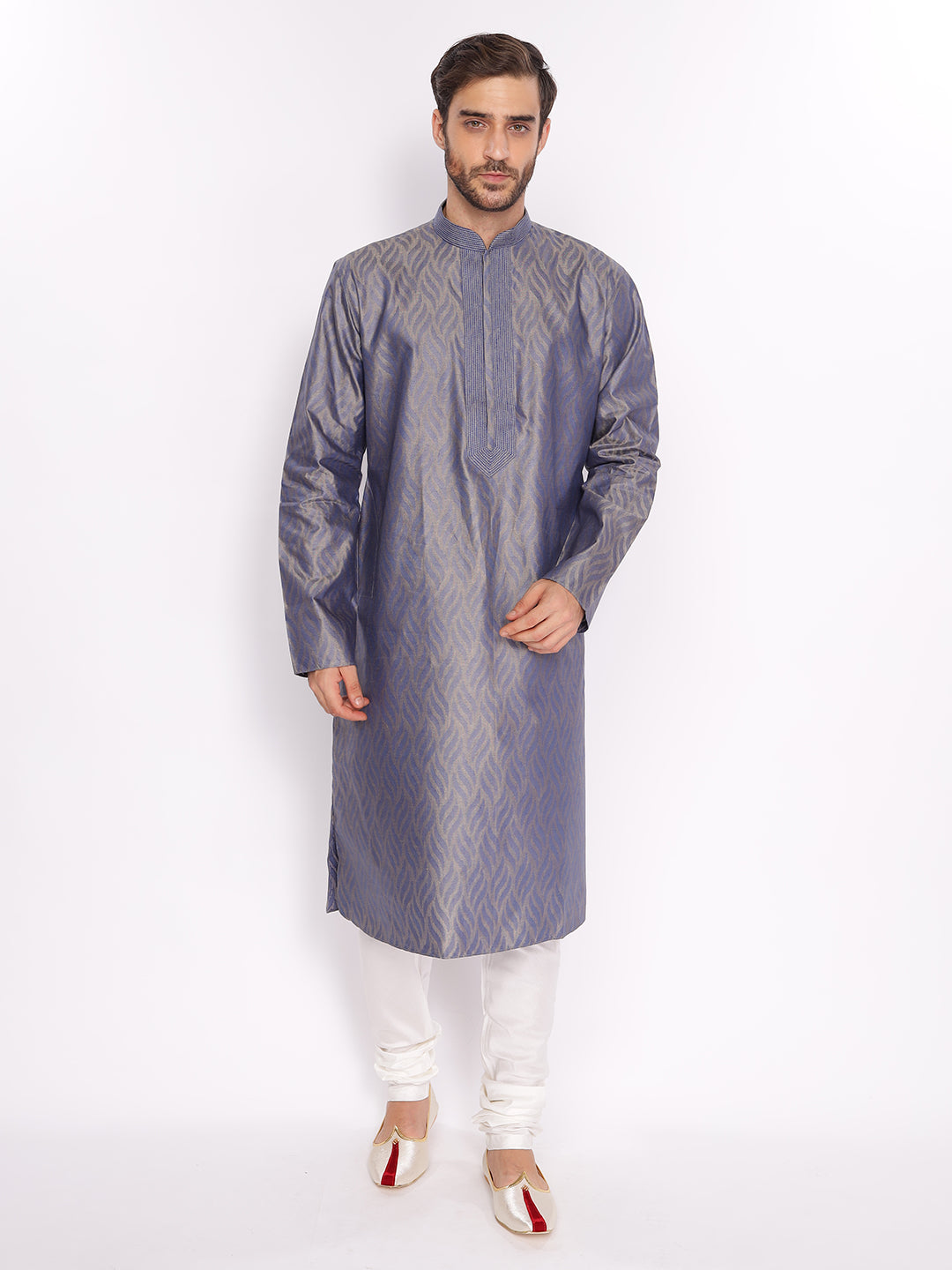 Full Sleeve Self Design Kurta and Pyjama Set in Blue Pure Cotton