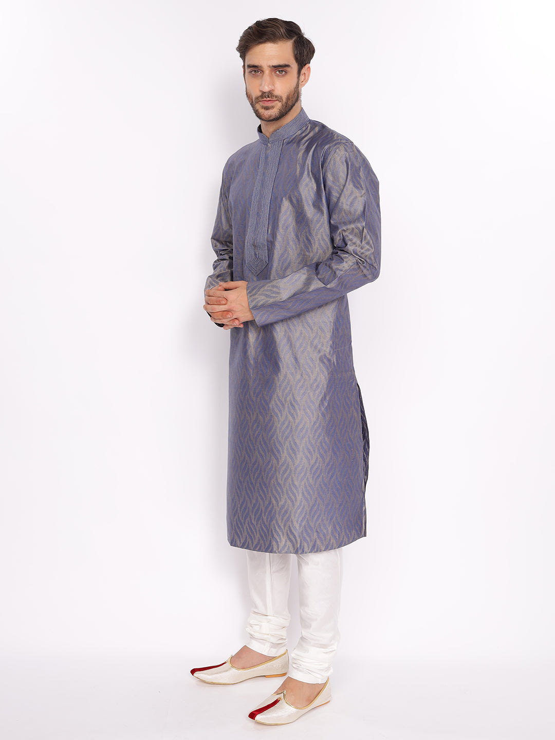 Full Sleeve Self Design Kurta and Pyjama Set in Blue Pure Cotton