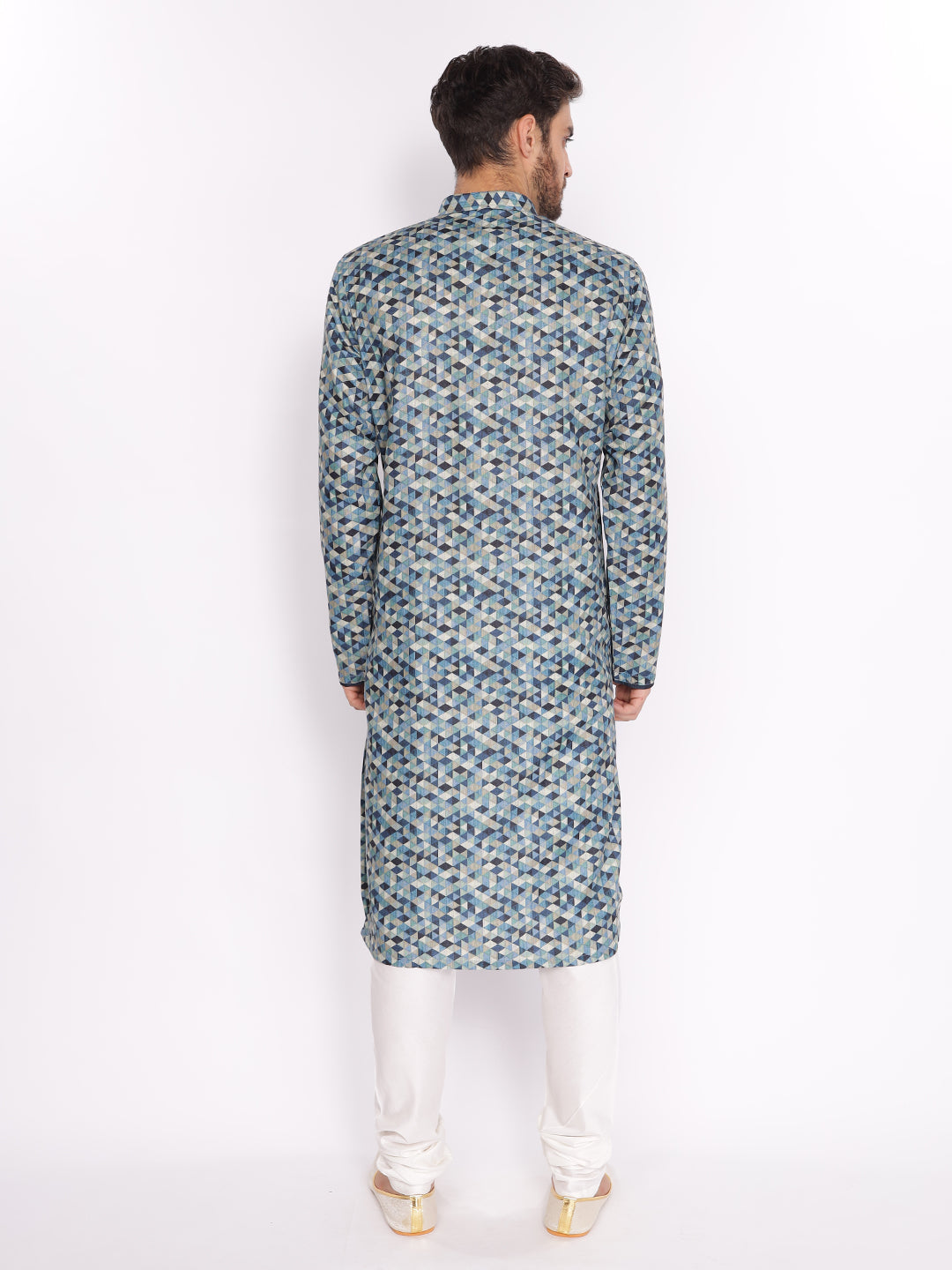 Full Sleeve Printed Kurta and Pyjama Set in Blue Cotton Blend