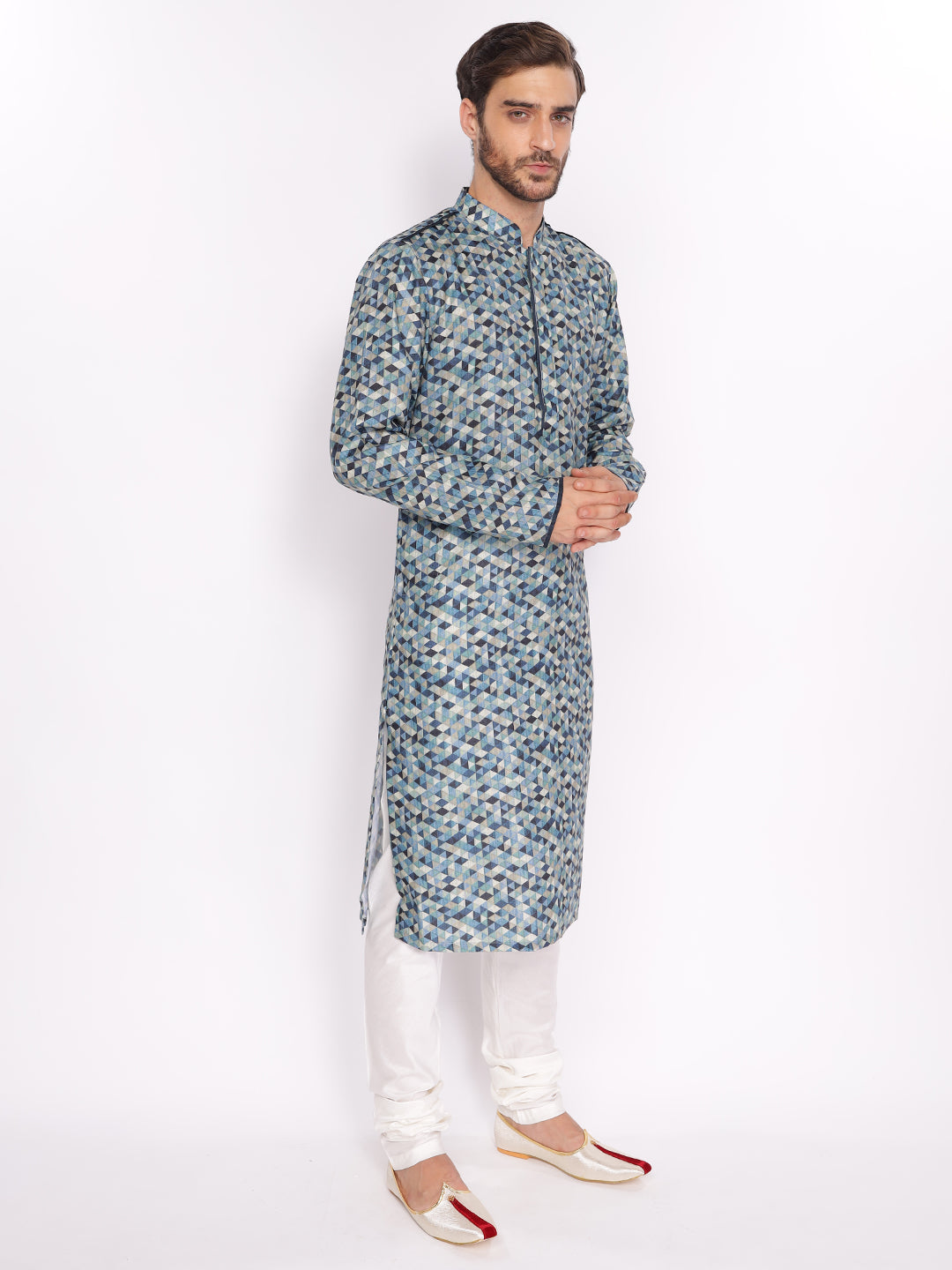 Full Sleeve Printed Kurta and Pyjama Set in Blue Cotton Blend