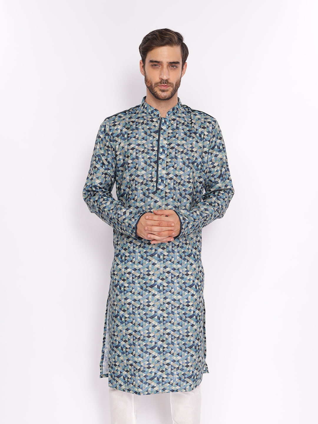 Full Sleeve Printed Kurta and Pyjama Set in Blue Cotton Blend