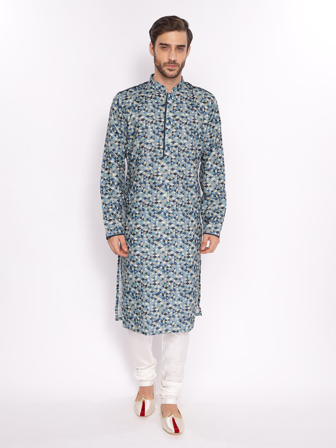 Full Sleeve Printed Kurta and Pyjama Set in Blue Cotton Blend