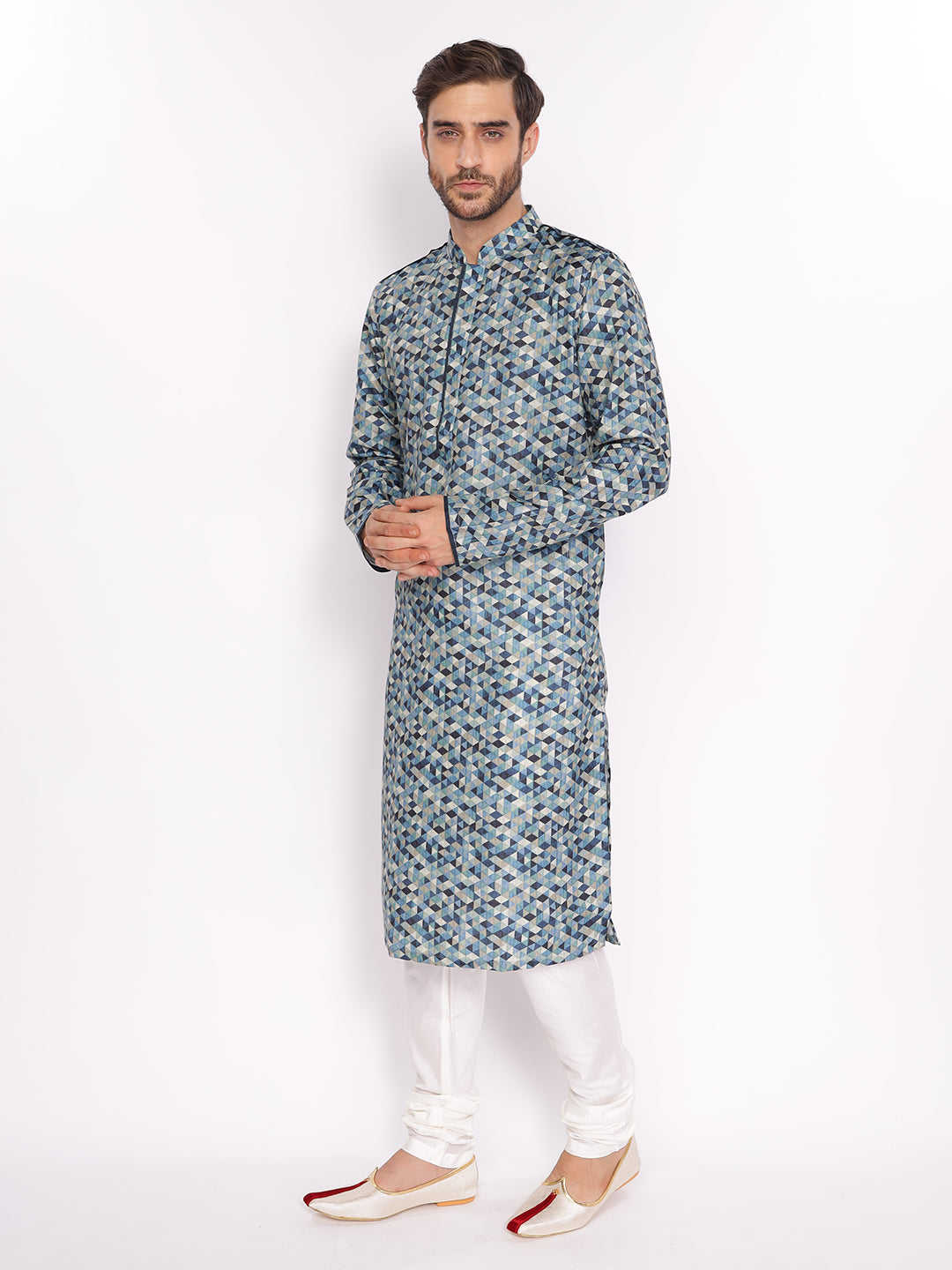 Full Sleeve Printed Kurta and Pyjama Set in Blue Cotton Blend