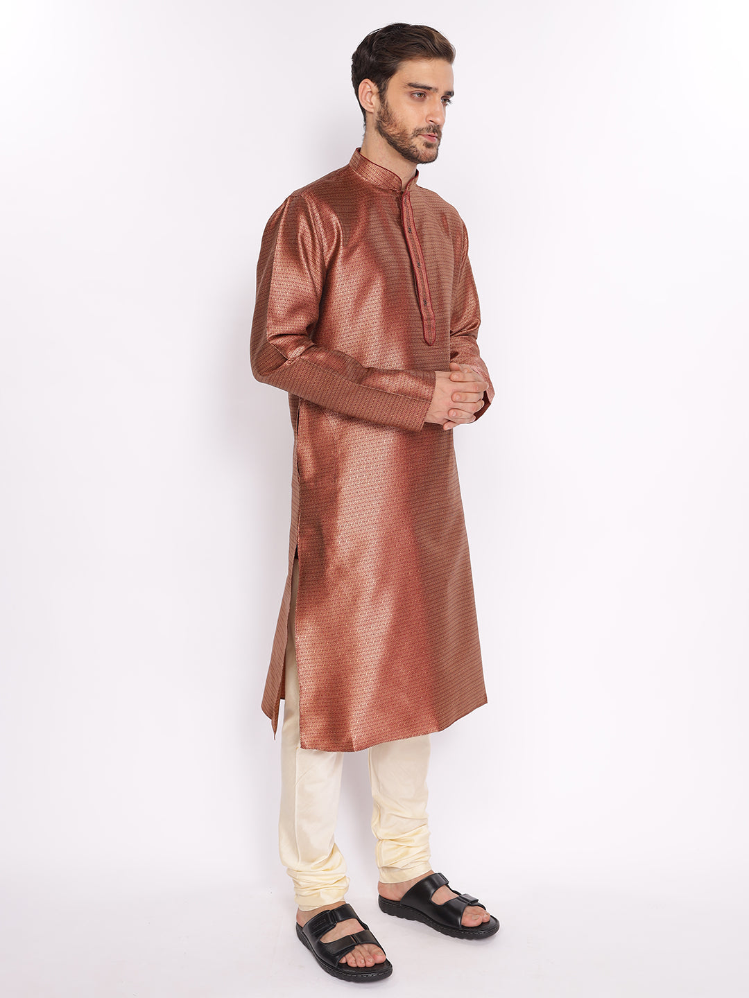 Full Sleeve Self Design Kurta and Pyjama Set in Maroon Silk Blend