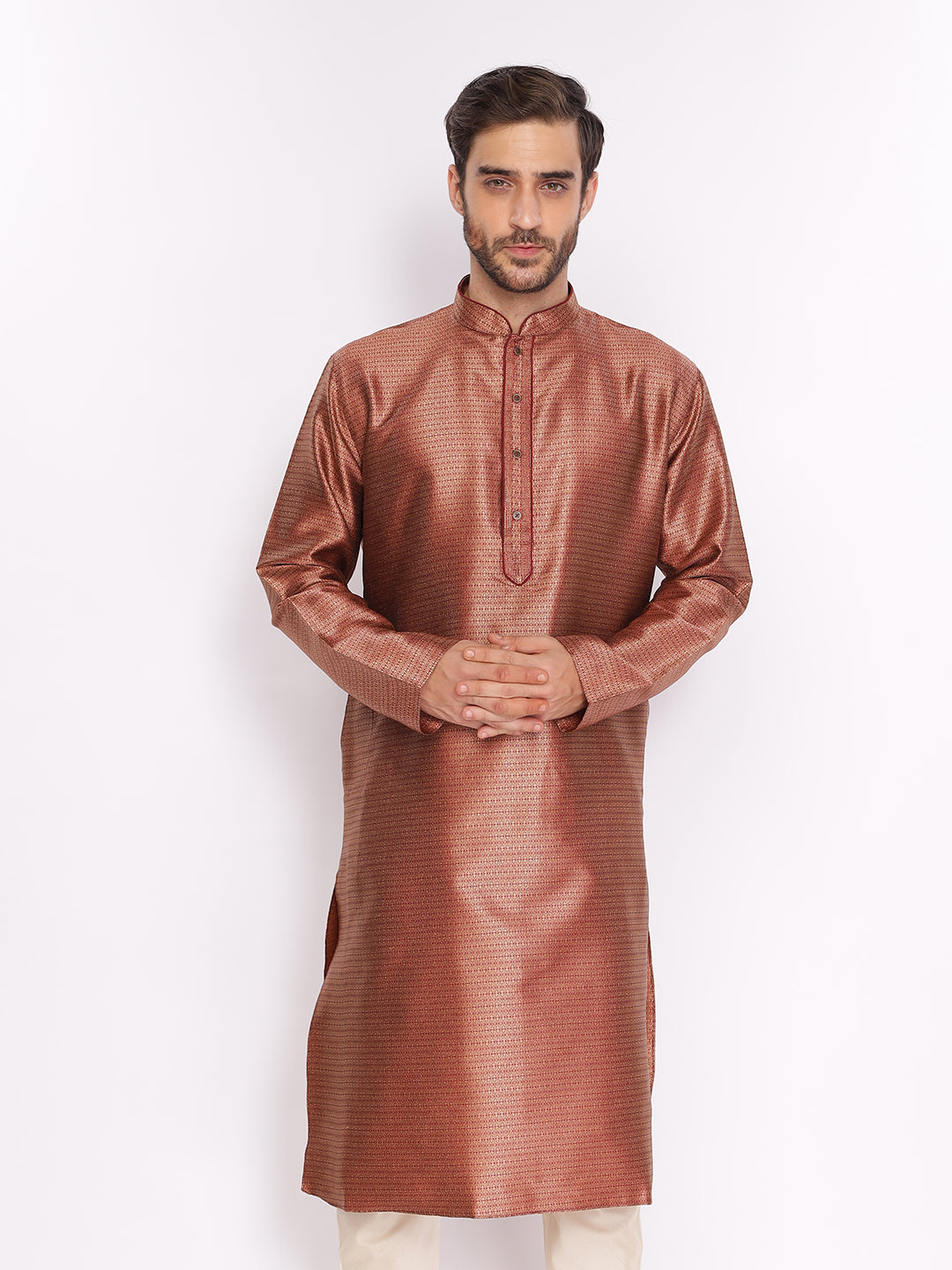 Full Sleeve Self Design Kurta and Pyjama Set in Maroon Silk Blend