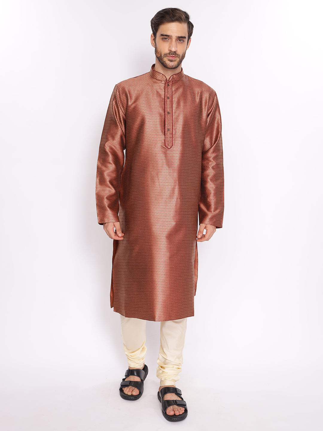Full Sleeve Self Design Kurta and Pyjama Set in Maroon Silk Blend