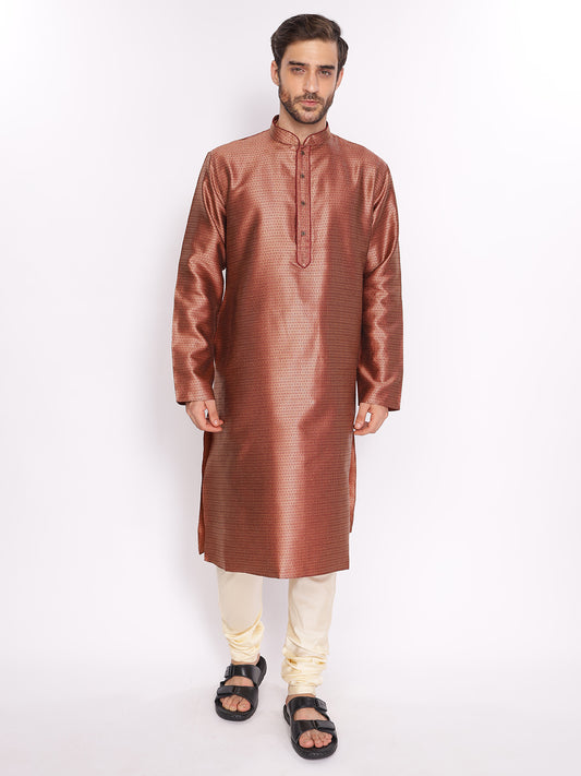 Full Sleeve Self Design Kurta and Pyjama Set in Maroon Silk Blend