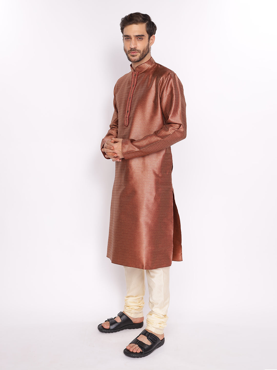 Full Sleeve Self Design Kurta and Pyjama Set in Maroon Silk Blend