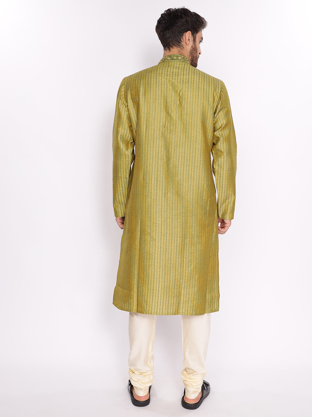 Full Sleeve Embroidered::Striped Kurta and Pyjama Set in Green Cotton Blend