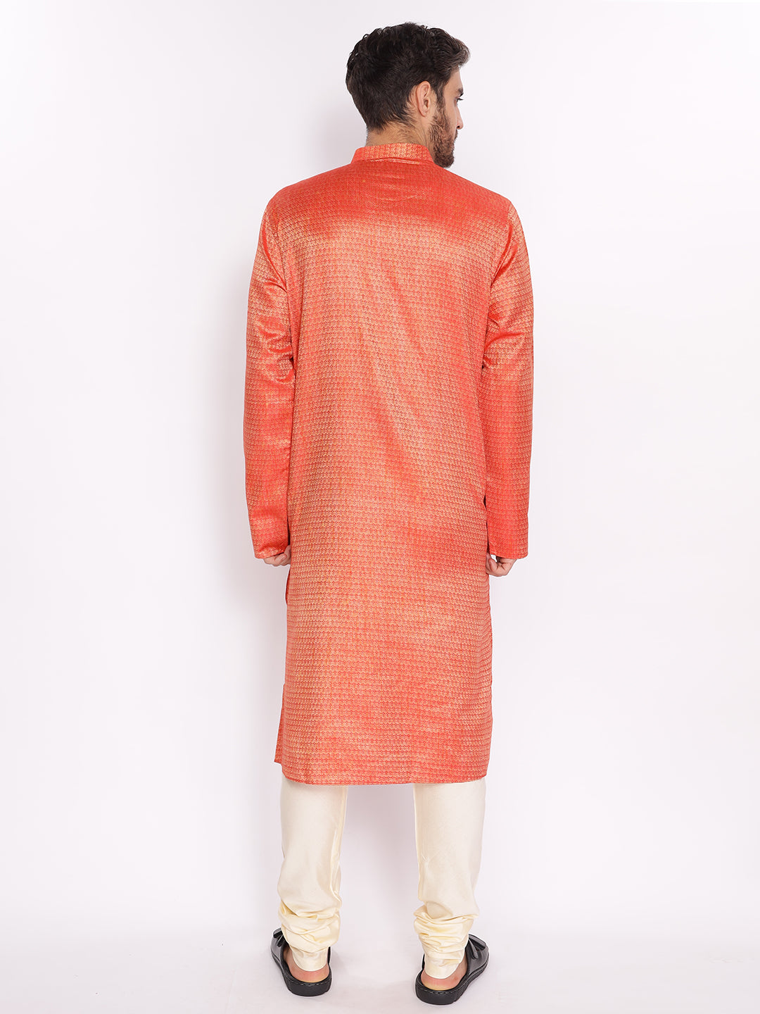 Full Sleeve Printed Kurta and Pyjama Set in Orange::White Cotton Blend
