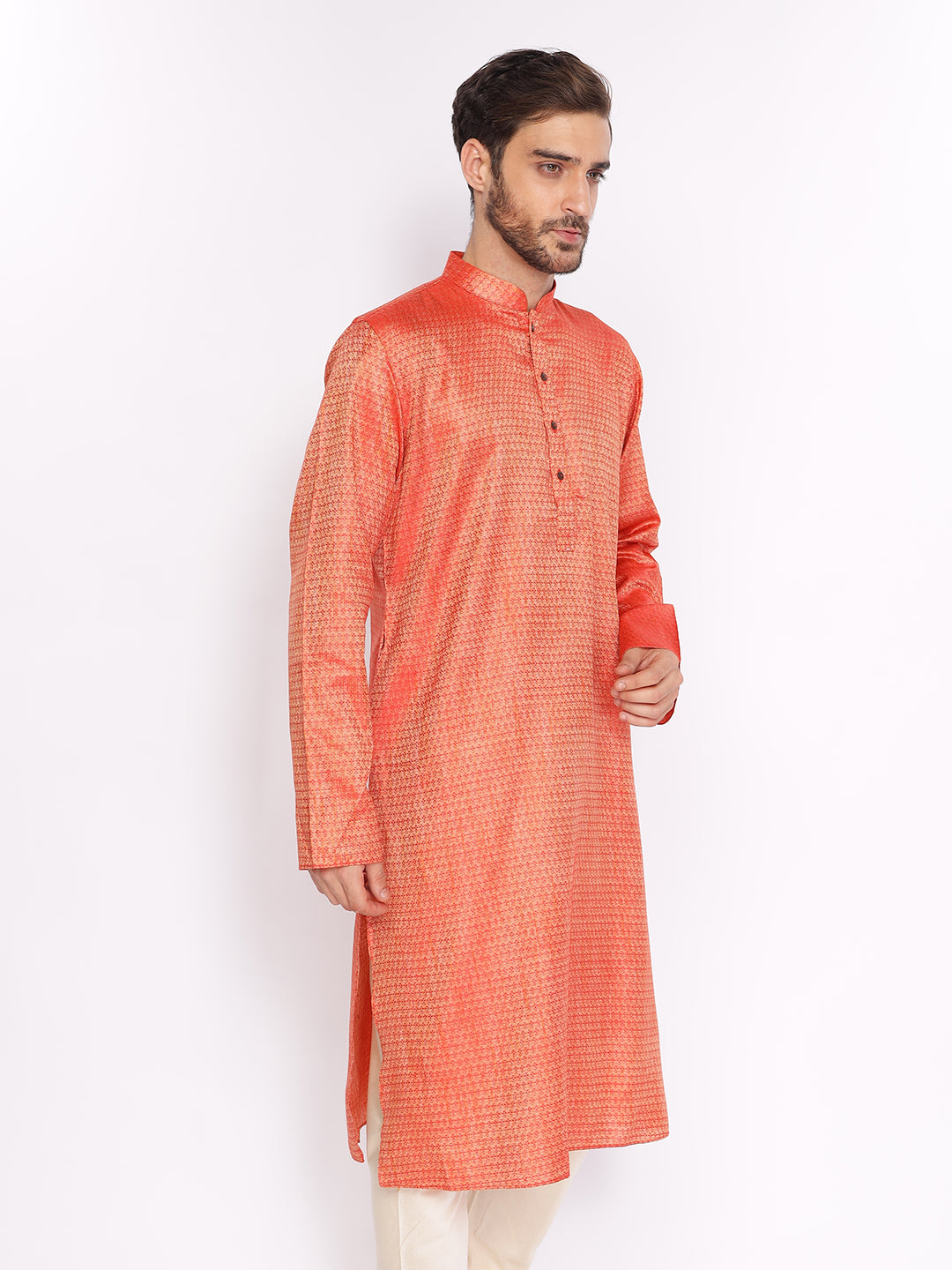 Full Sleeve Printed Kurta and Pyjama Set in Orange::White Cotton Blend