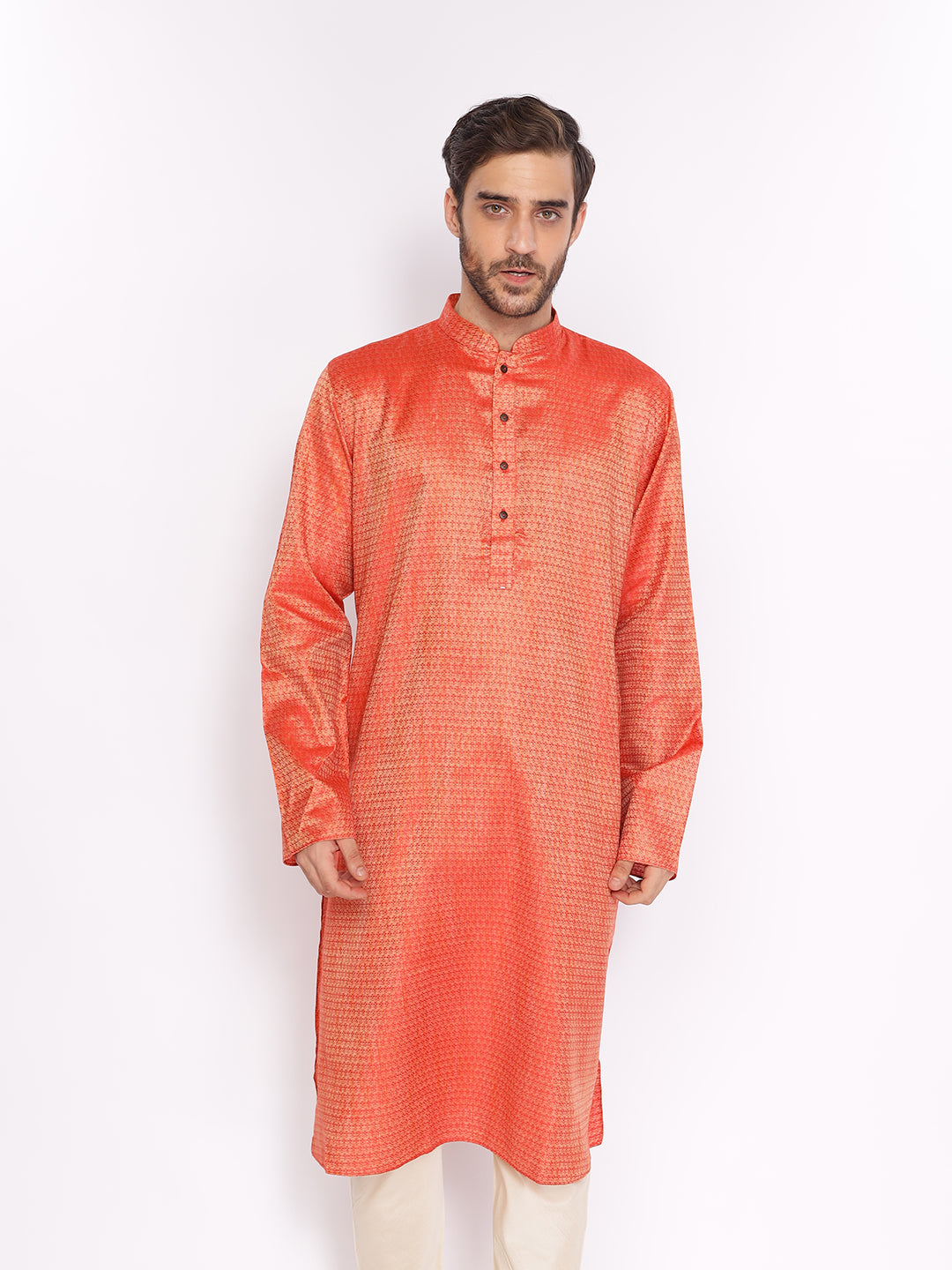 Full Sleeve Printed Kurta and Pyjama Set in Orange::White Cotton Blend