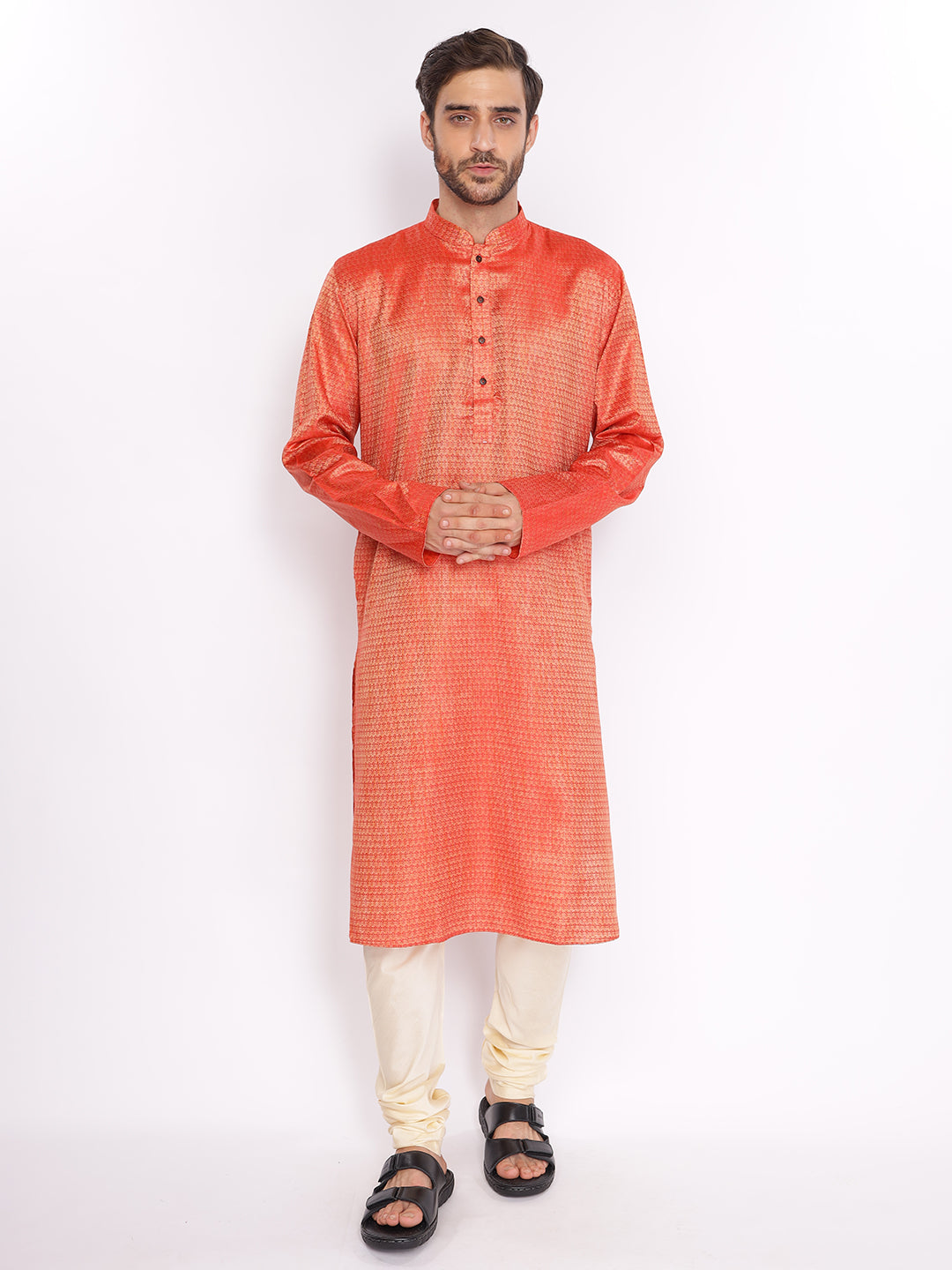 Full Sleeve Printed Kurta and Pyjama Set in Orange::White Cotton Blend