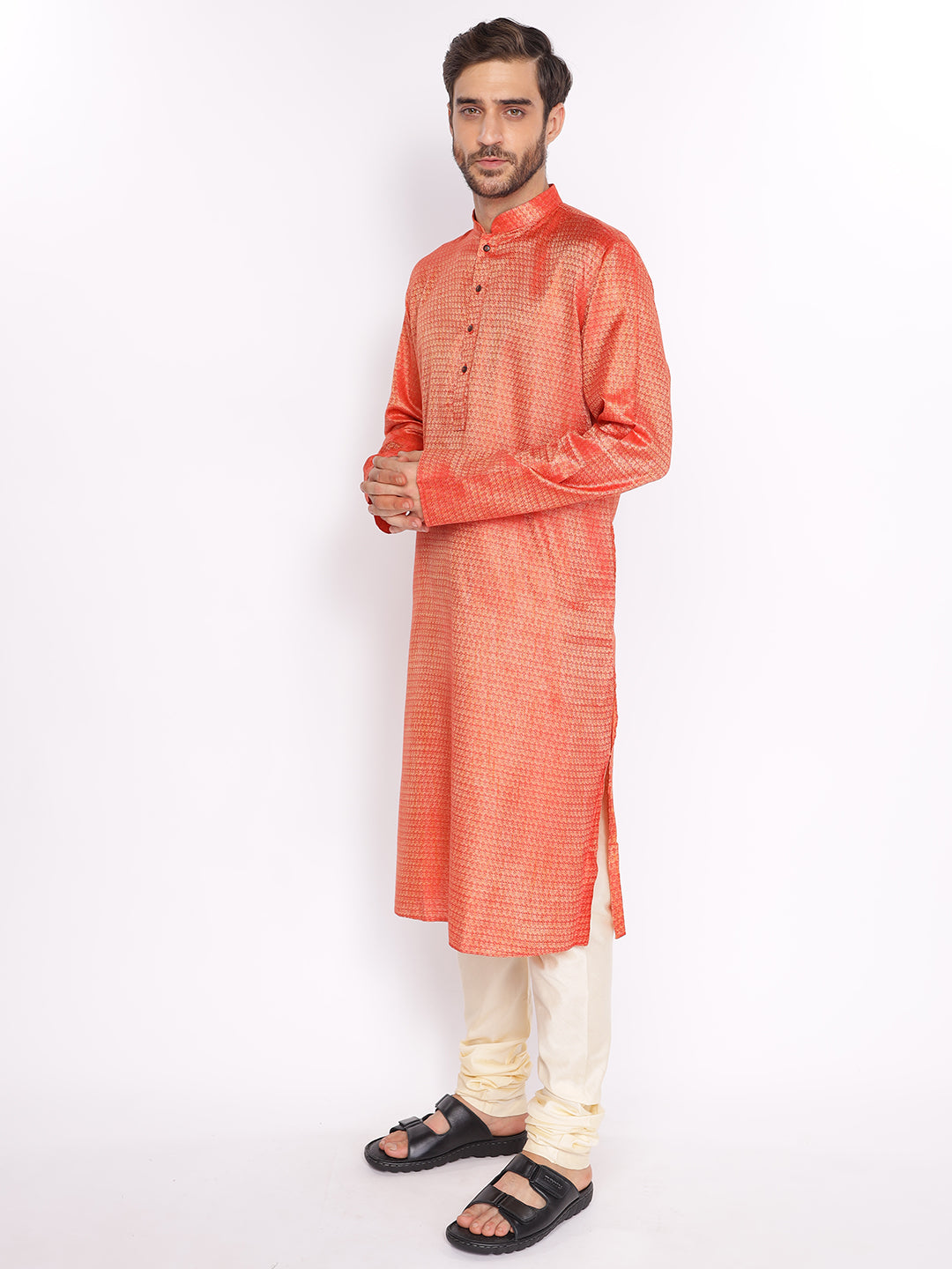 Full Sleeve Printed Kurta and Pyjama Set in Orange::White Cotton Blend