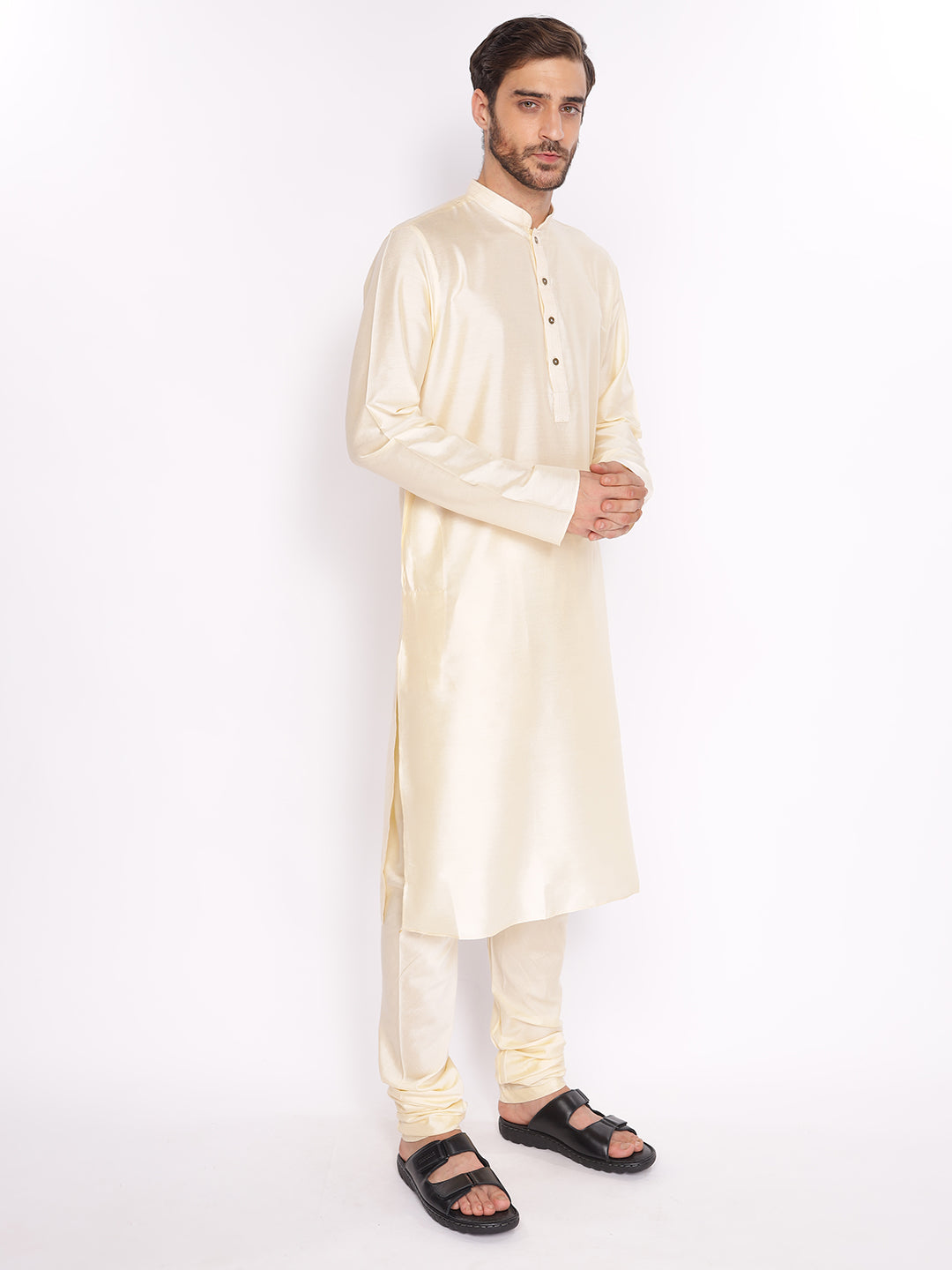 Full Sleeve Solid Kurta and Pyjama Set in Gold Cotton Blend