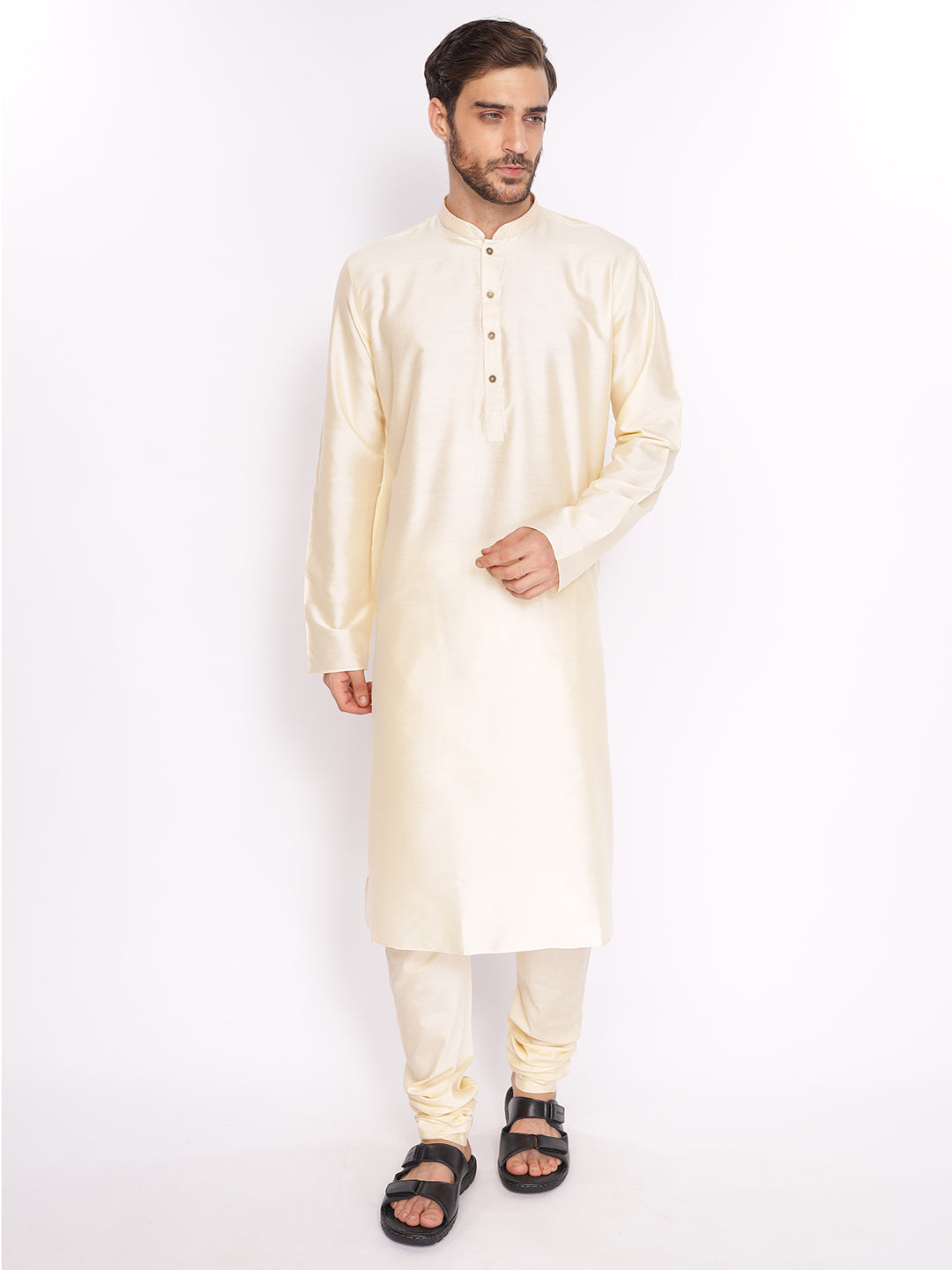 Full Sleeve Solid Kurta and Pyjama Set in Gold Cotton Blend