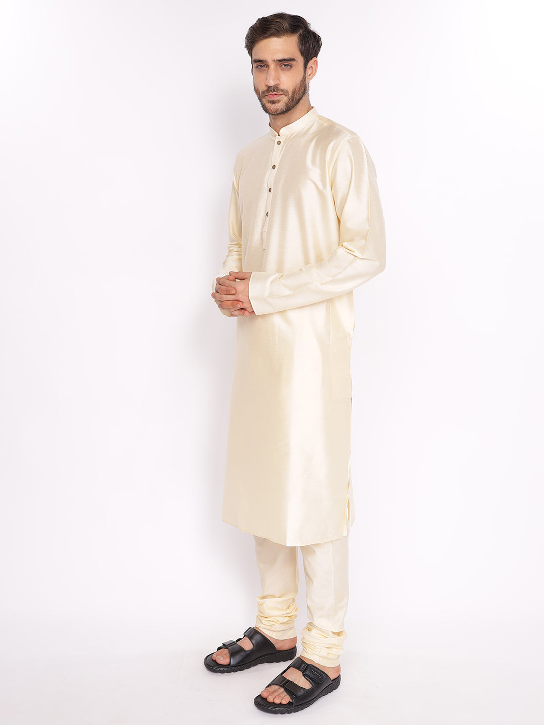Full Sleeve Solid Kurta and Pyjama Set in Gold Cotton Blend
