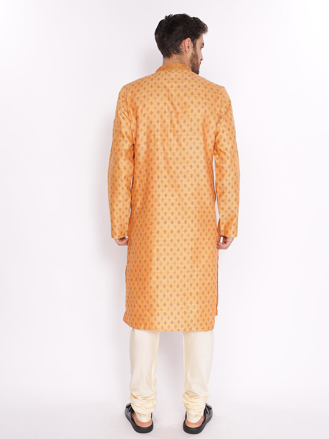 Full Sleeve Embroidered::Printed Kurta and Pyjama Set in Orange Cotton Blend
