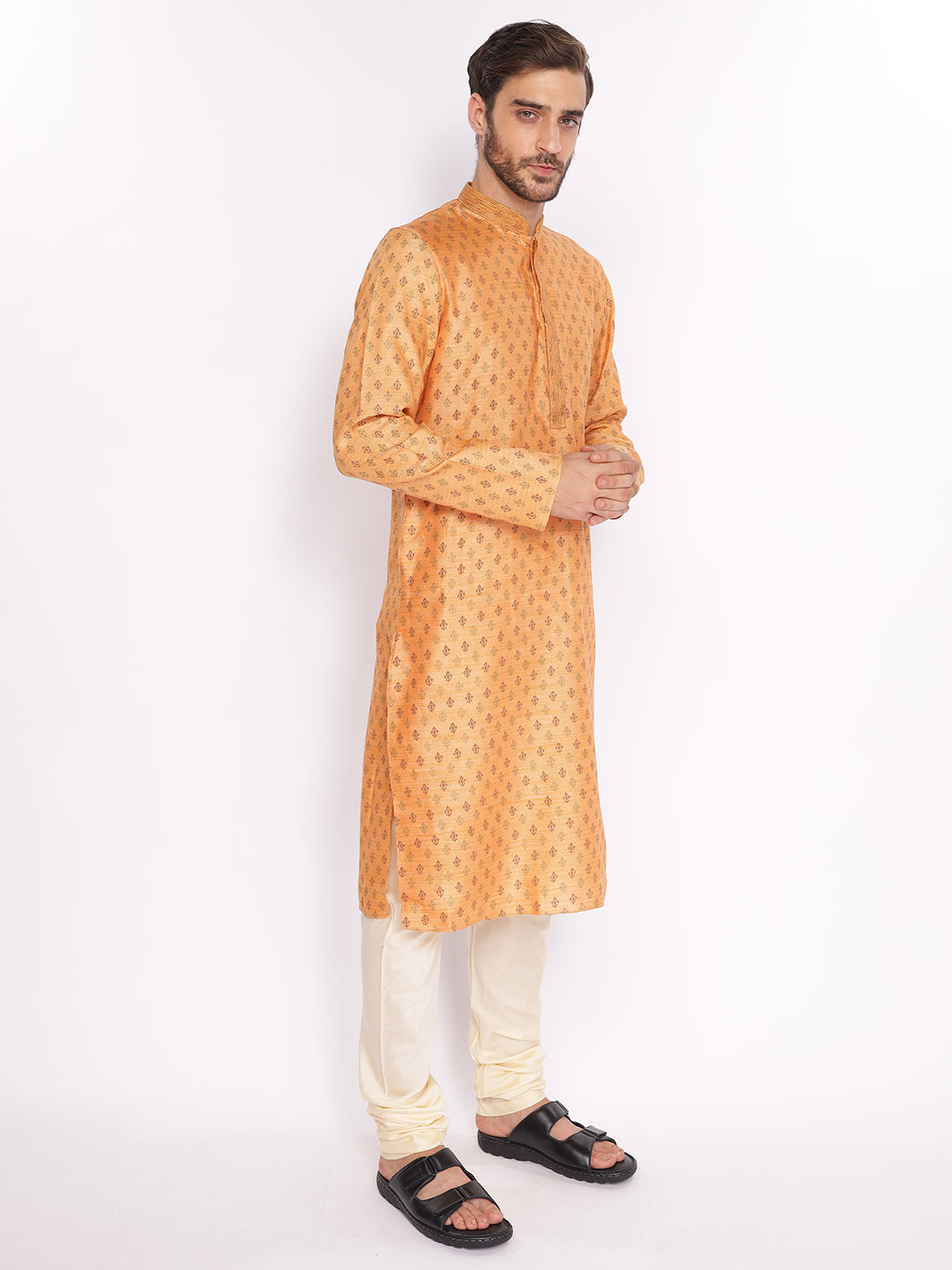 Full Sleeve Embroidered::Printed Kurta and Pyjama Set in Orange Cotton Blend