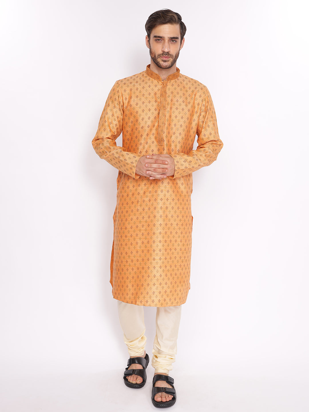 Full Sleeve Embroidered::Printed Kurta and Pyjama Set in Orange Cotton Blend