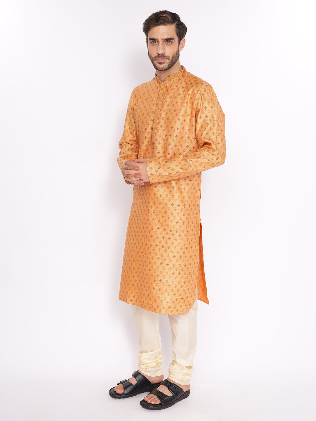 Full Sleeve Embroidered::Printed Kurta and Pyjama Set in Orange Cotton Blend