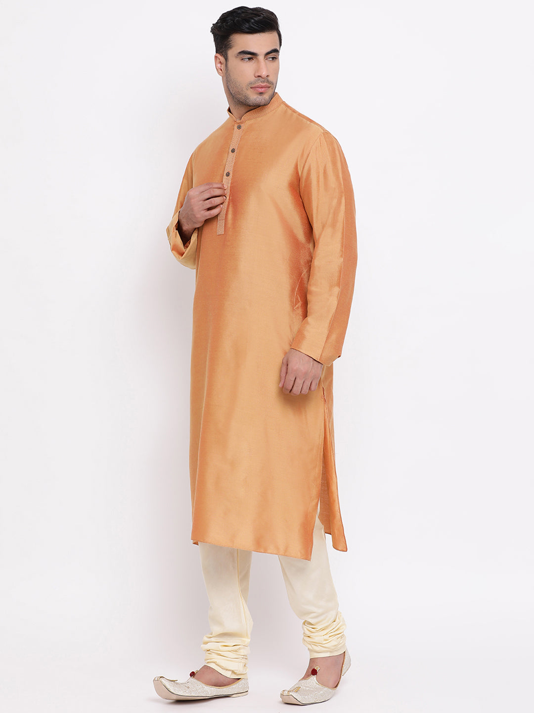 Full Sleeve Solid Kurta and Churidar Set in Gold Silk Blend