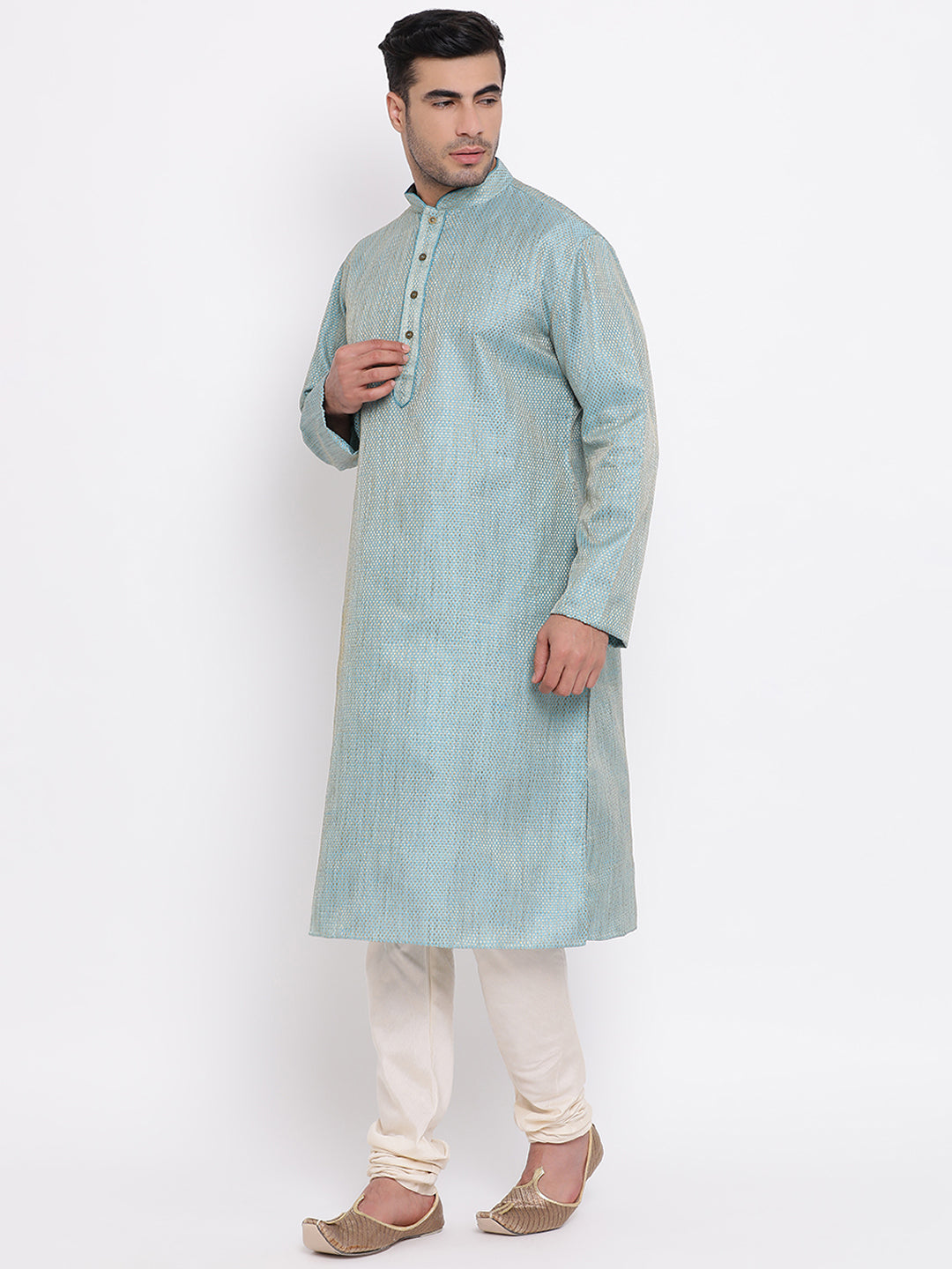 Full Sleeve Self Design Kurta and Churidar Set in Blue Jacquard