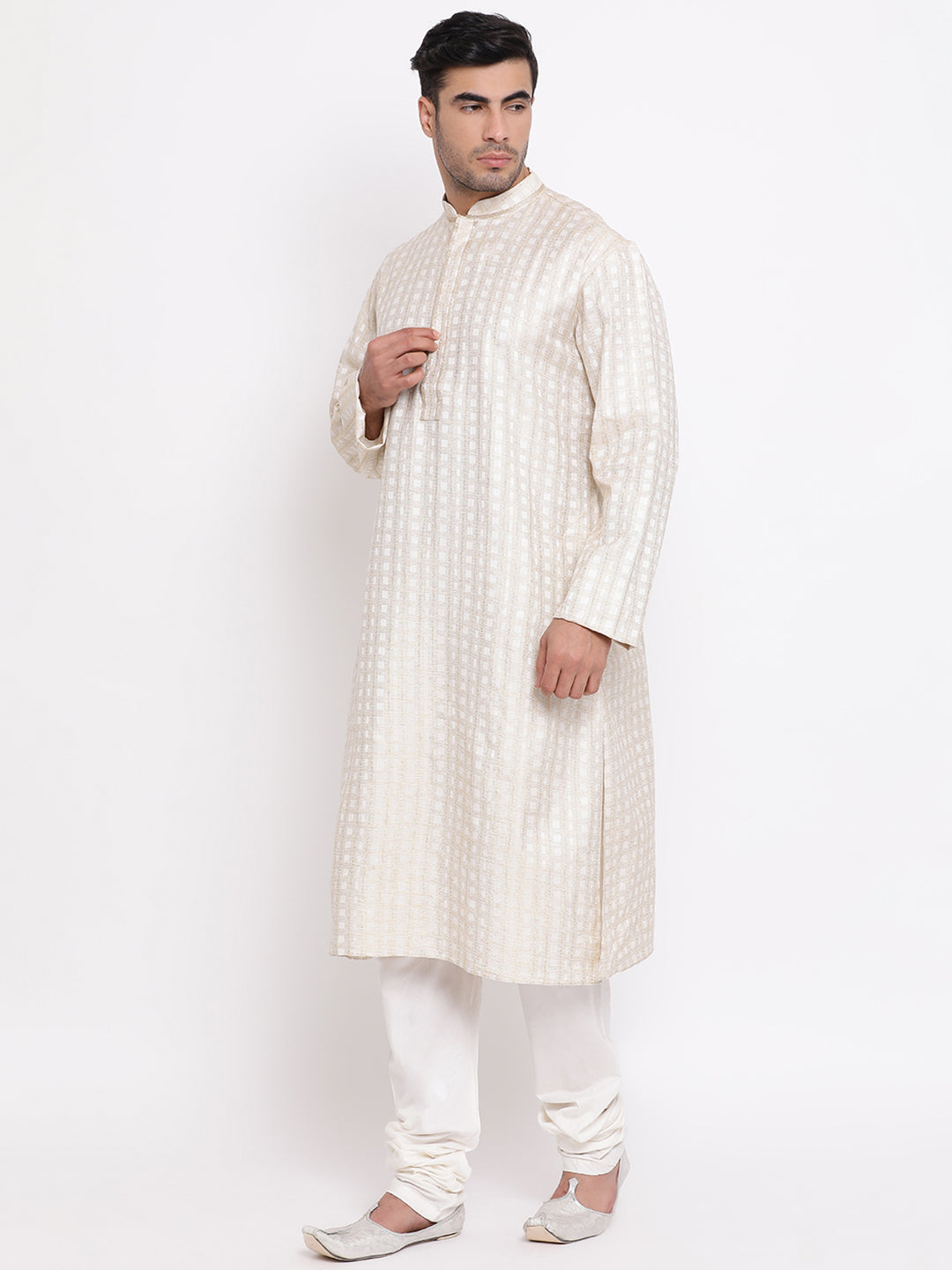 Full Sleeve Woven Kurta and Churidar Set in Beige Khadi Cotton
