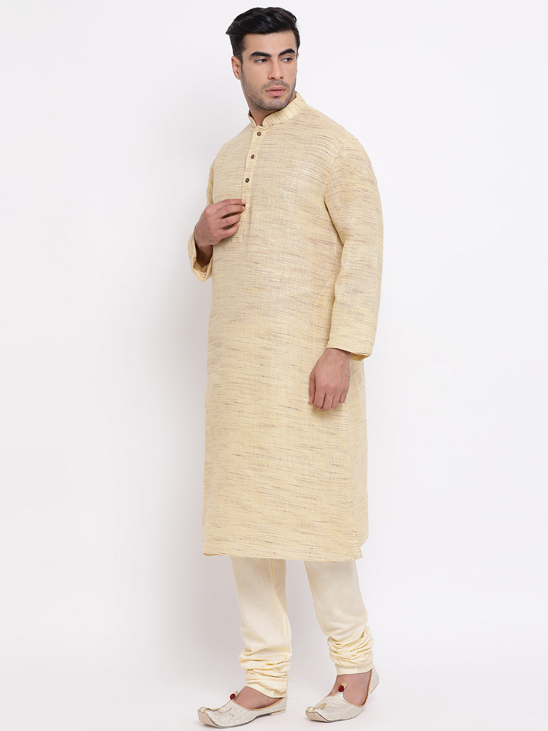 Full Sleeve Self Design Kurta and Churidar Set in Beige Khadi Cotton