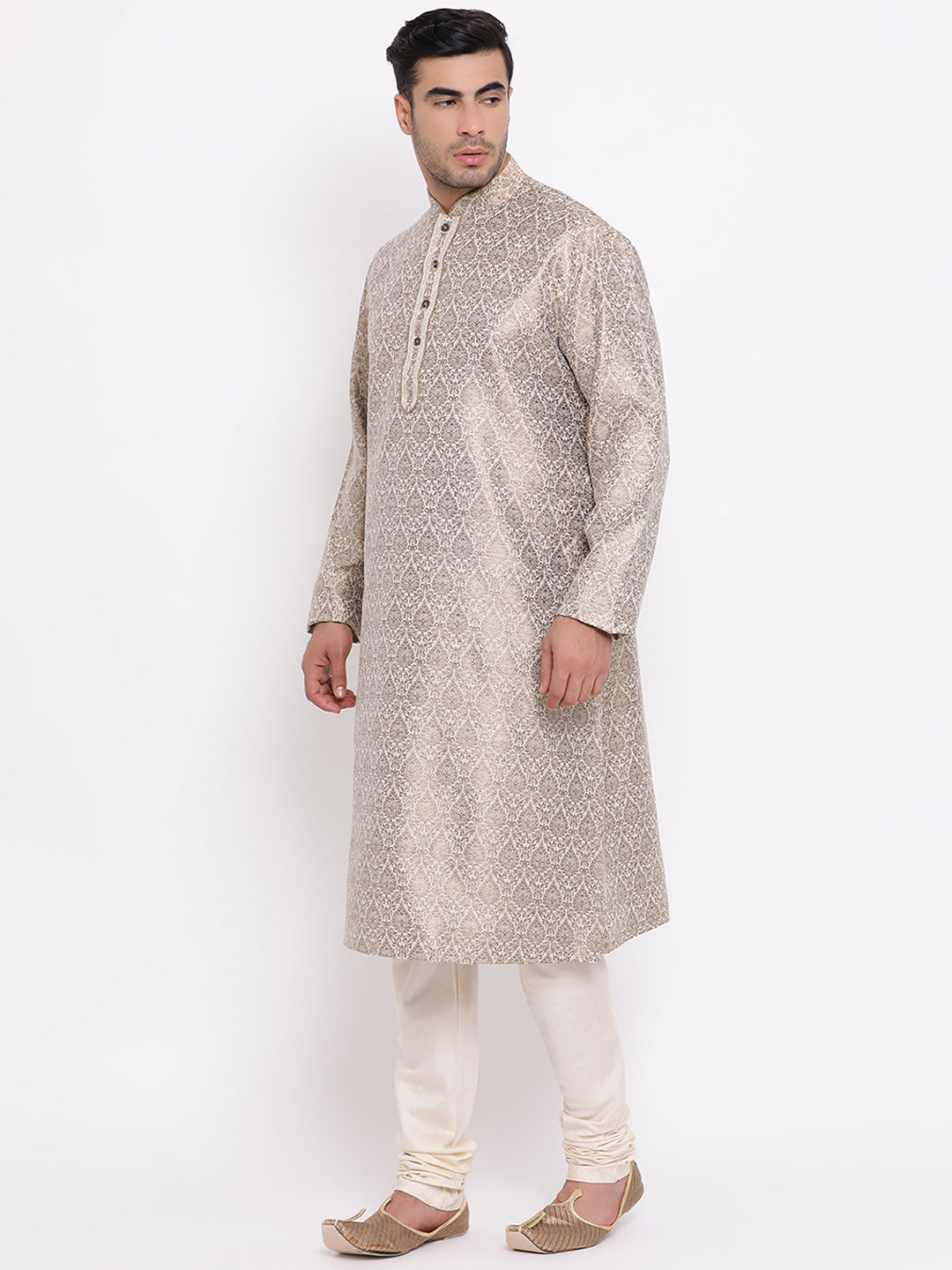 Full Sleeve Woven Kurta and Churidar Set in Beige Jacquard
