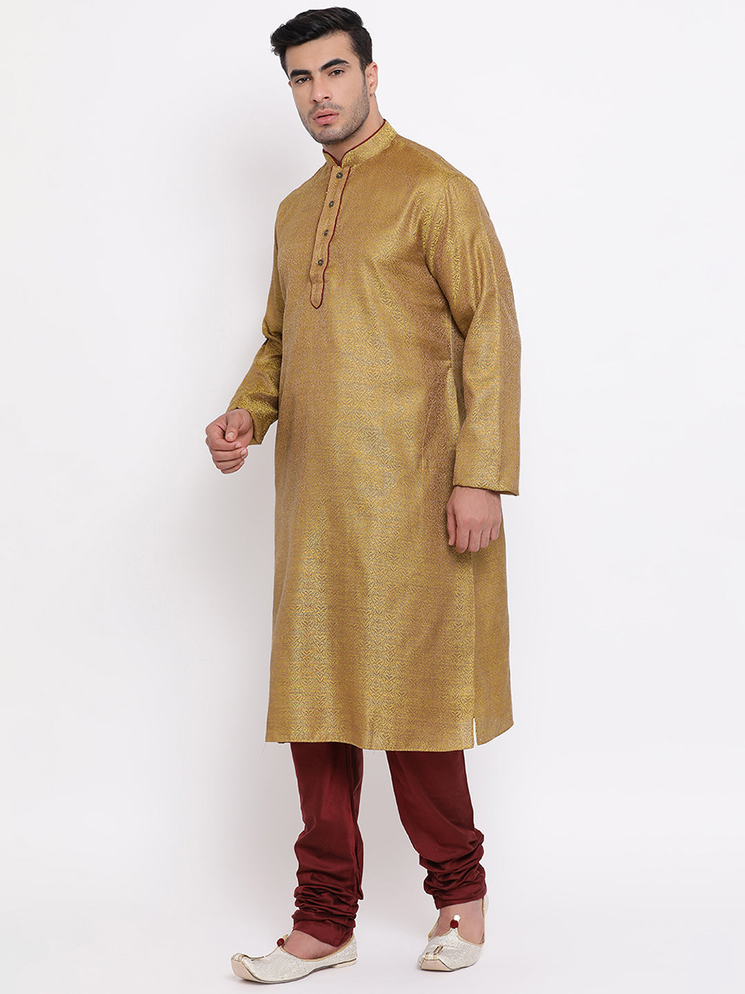 Full Sleeve Woven Kurta and Churidar Set in Dark Green Jacquard