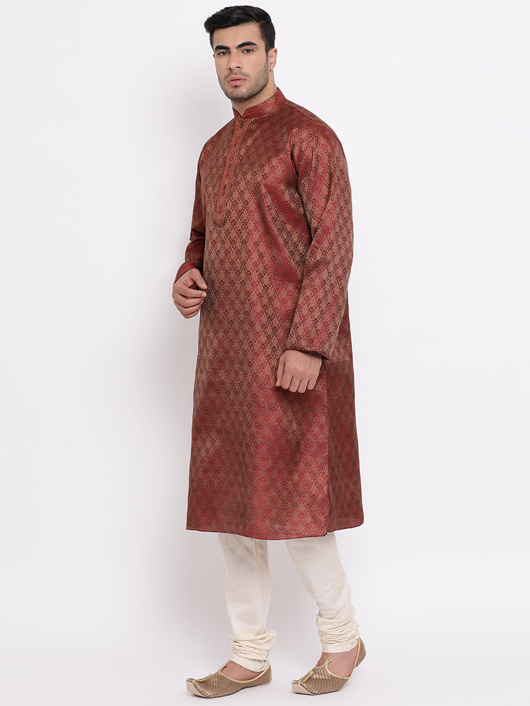 Full Sleeve Self Design Kurta and Churidar Set in Maroon Jacquard
