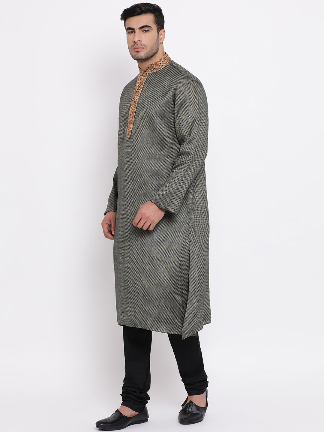 Full Sleeve Embroidered Kurta and Churidar Set in Black Cotton Blend
