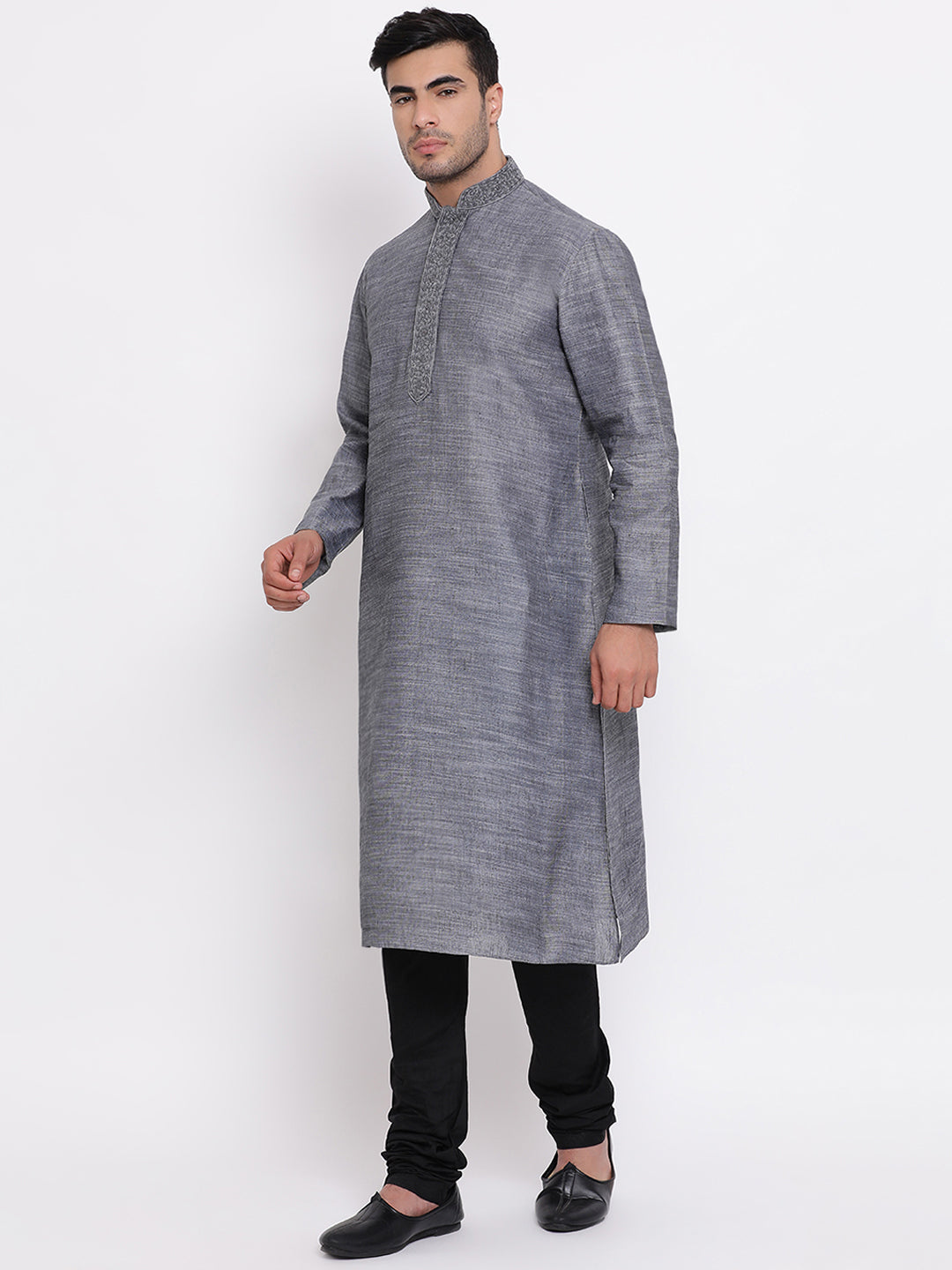 Full Sleeve Embroidered Kurta and Churidar Set in Grey Cotton Blend