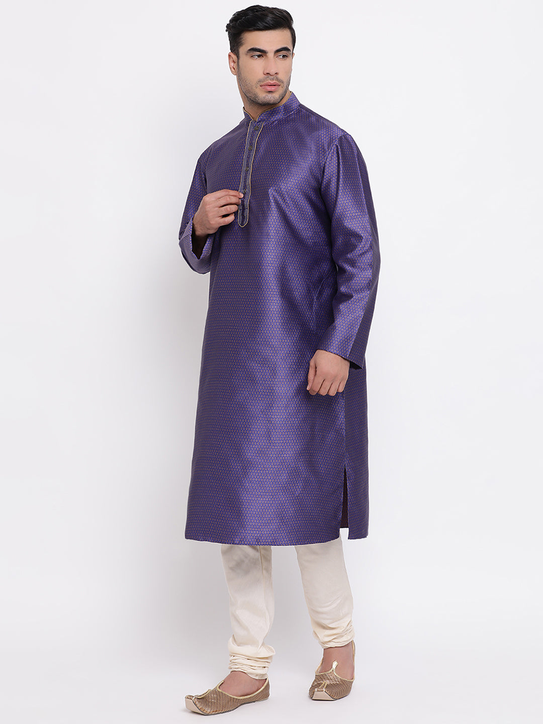 Full Sleeve Woven Kurta and Churidar Set in Blue Jacquard