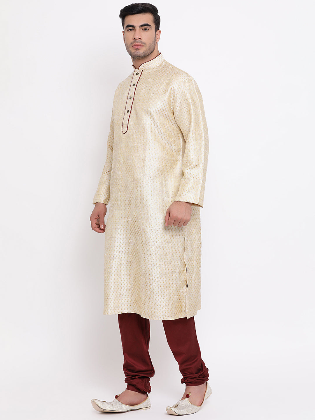 Full Sleeve Woven Kurta and Churidar Set in Beige Jacquard