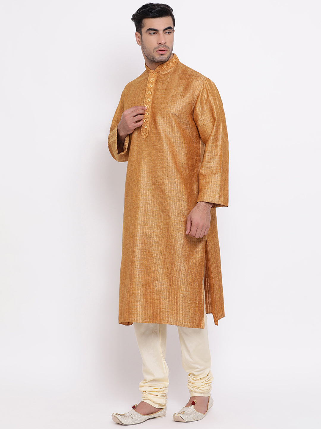 Full Sleeve Embroidered Kurta and Churidar Set in Gold Cotton Blend