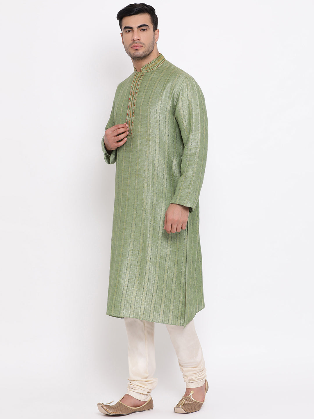 Full Sleeve Embroidered Kurta and Churidar Set in Dark Green Cotton Blend