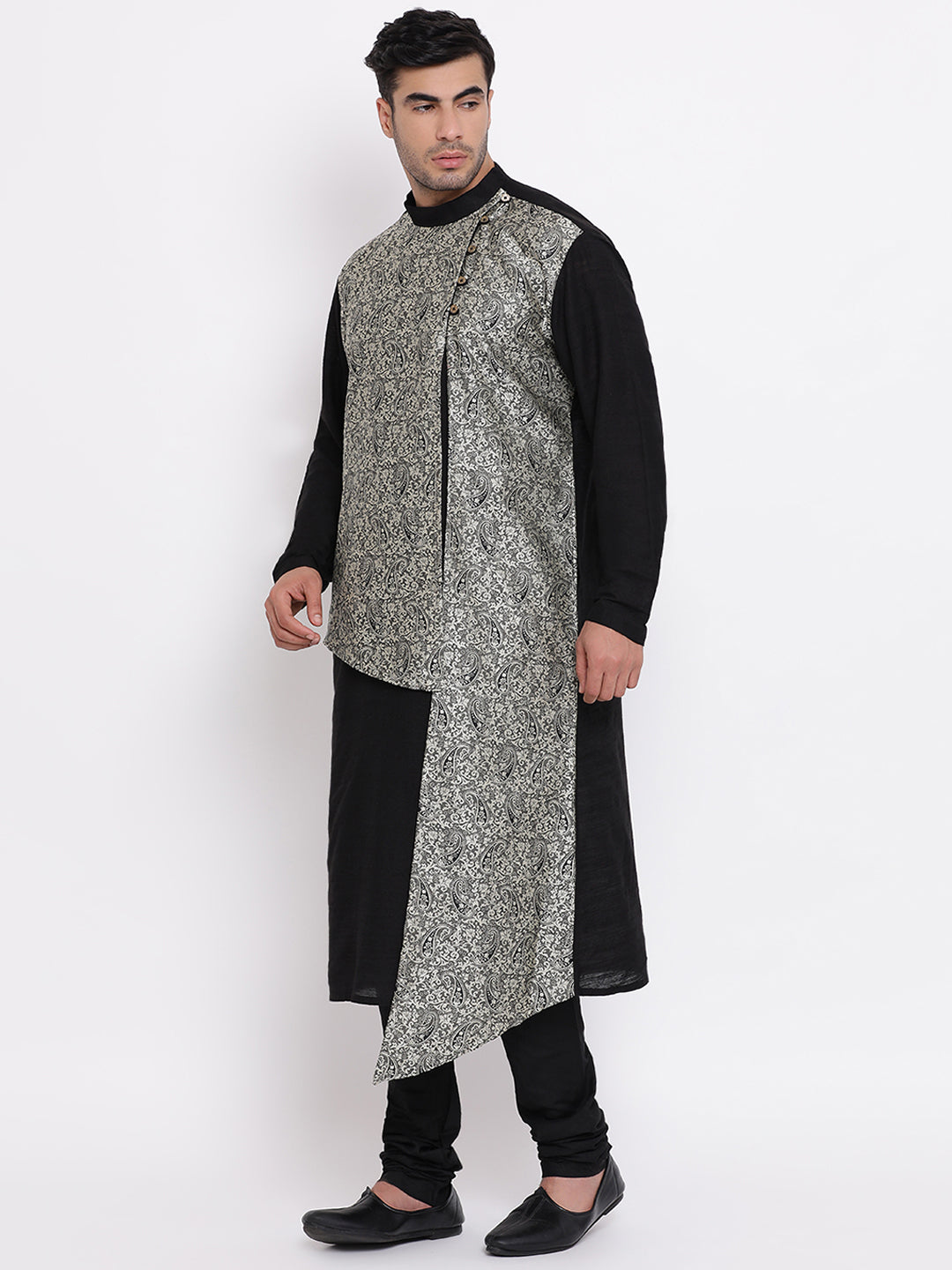 Full Sleeve Floral Print Kurta and Churidar Set in Black Jacquard