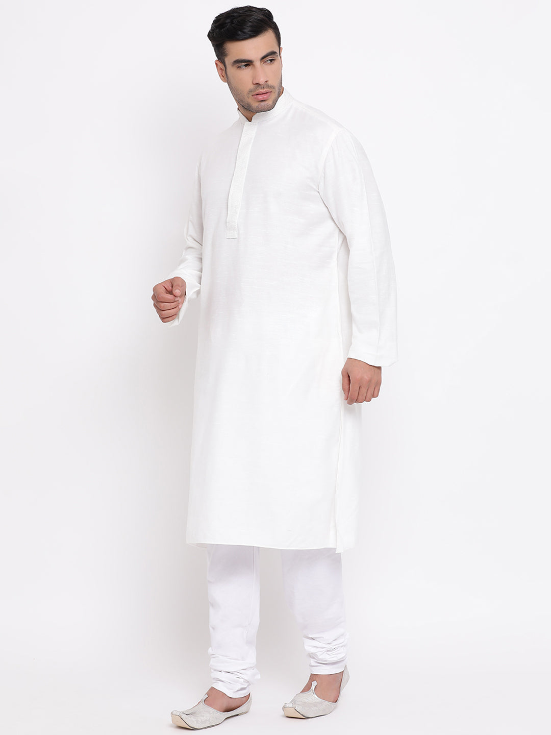 Full Sleeve Solid Kurta and Churidar Set in White Khadi Cotton