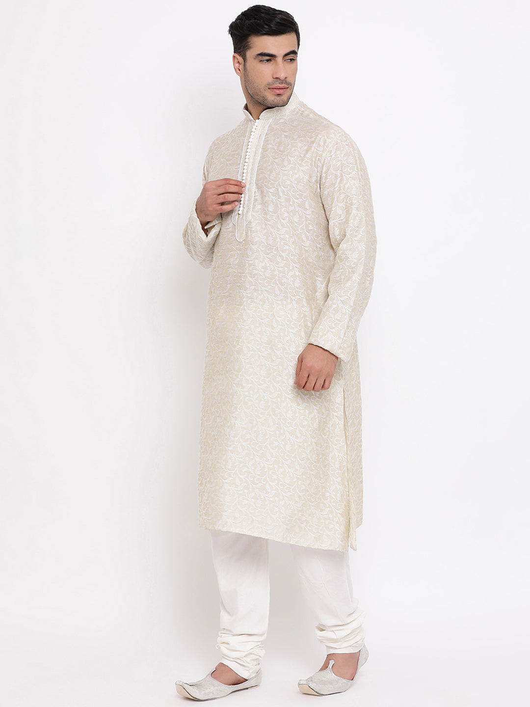 Full Sleeve Polka Print Kurta and Churidar Set in White Jacquard