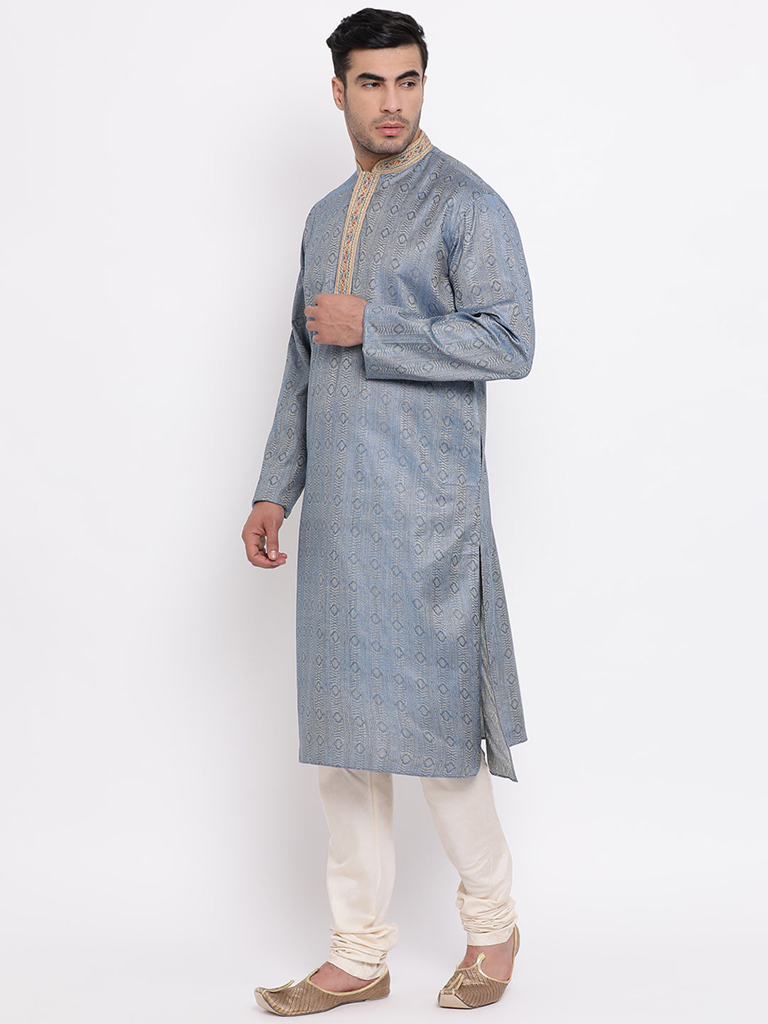 Full Sleeve Embroidered Kurta and Churidar Set in Blue Cotton Blend