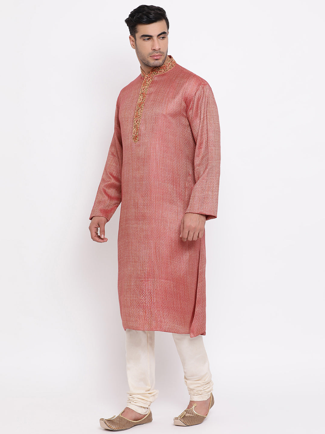 Full Sleeve Embroidered Kurta and Churidar Set in Red Cotton Blend