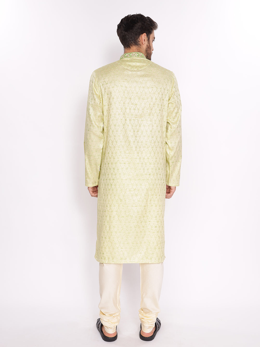 Full Sleeve Self Design Kurta and Pyjama Set in Green Silk Blend
