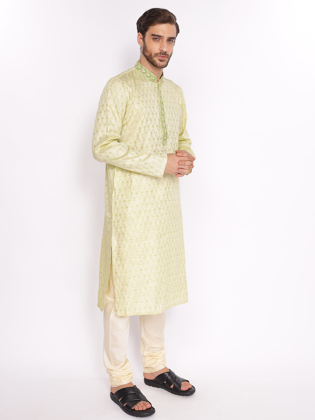 Full Sleeve Self Design Kurta and Pyjama Set in Green Silk Blend